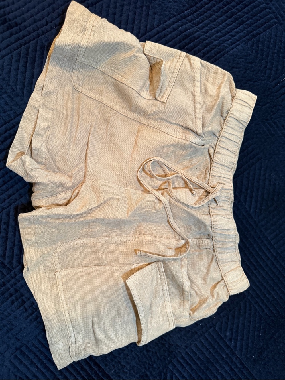 Nicole Miller Linen Blend Beige Tan Utility Cargo Shorts Small Drawstring